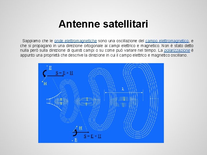 Antenne satellitari Sappiamo che le onde elettromagnetiche sono una oscillazione del campo elettromagnetico, e