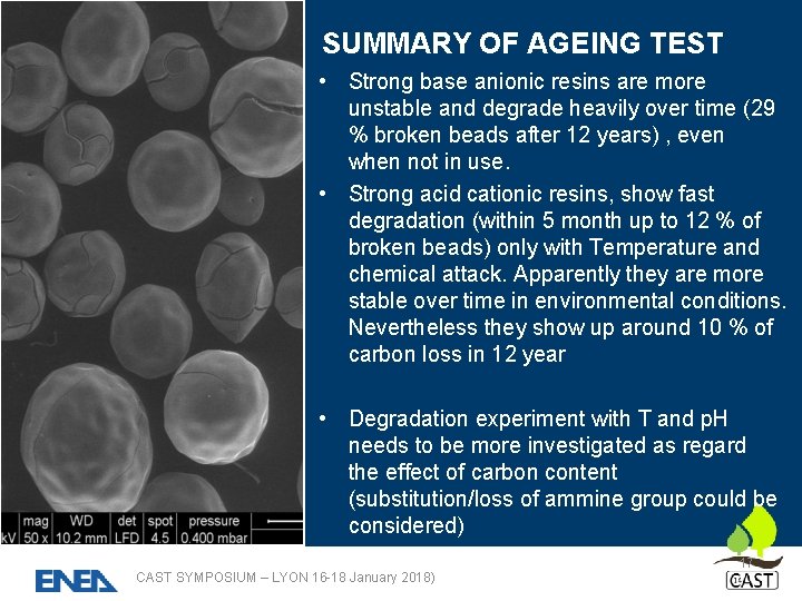 SUMMARY OF AGEING TEST • Strong base anionic resins are more unstable and degrade
