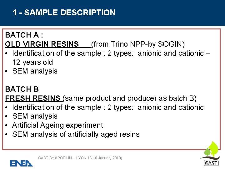 1 - SAMPLE DESCRIPTION BATCH A : Eventuale titolo secondario OLD VIRGIN RESINS (from