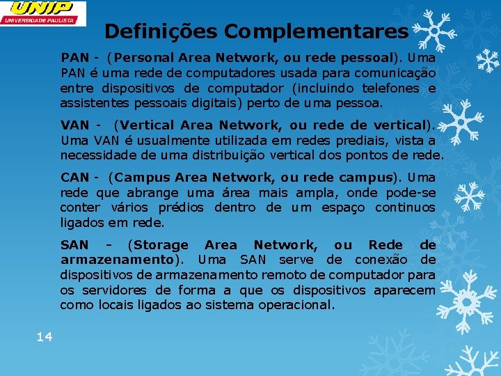 Definições Complementares PAN - (Personal Area Network, ou rede pessoal). Uma PAN é uma