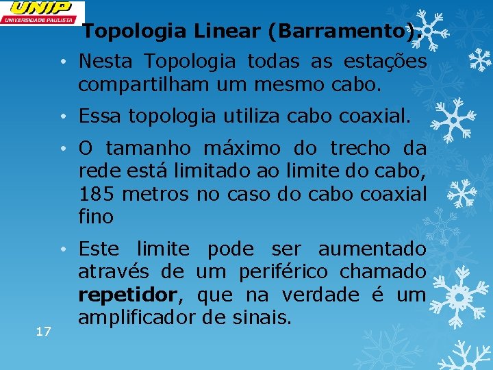 Topologia Linear (Barramento). • Nesta Topologia todas as estações compartilham um mesmo cabo. •