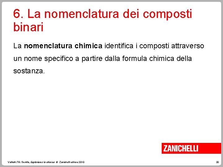 6. La nomenclatura dei composti binari La nomenclatura chimica identifica i composti attraverso un