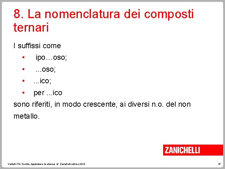 8. La nomenclatura dei composti ternari I suffissi come • ipo…oso; • . .