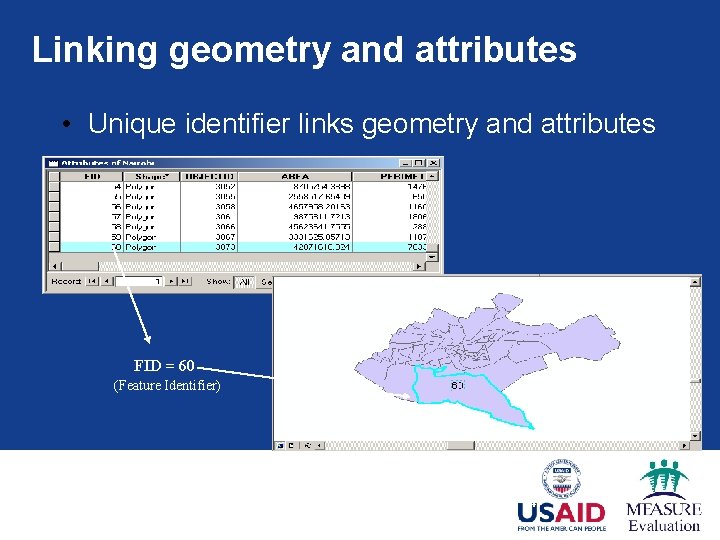 Linking geometry and attributes • Unique identifier links geometry and attributes FID = 60 Linking geometry and attributes • Unique identifier links geometry and attributes FID = 60