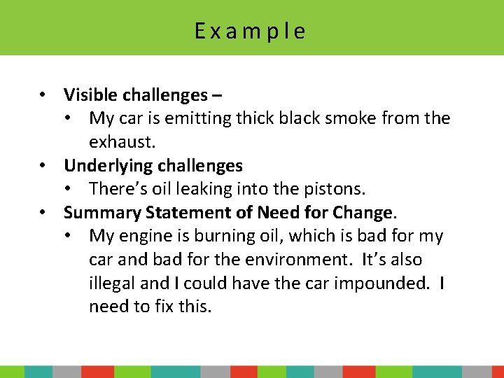 Example • Visible challenges – • My car is emitting thick black smoke from