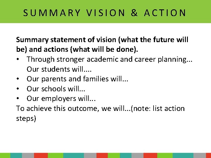 SUMMARY VISION & ACTION Summary statement of vision (what the future will be) and