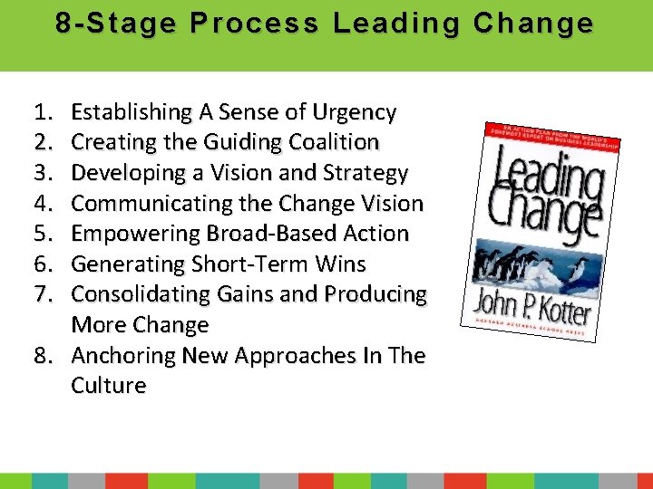 8 -Stage Process Leading Change 1. 2. 3. 4. 5. 6. 7. Establishing A