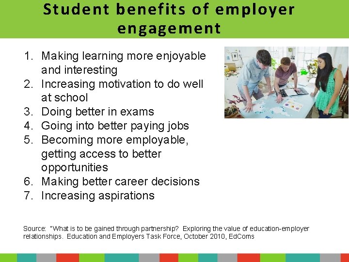 Student benefits of employer engagement 1. Making learning more enjoyable and interesting 2. Increasing