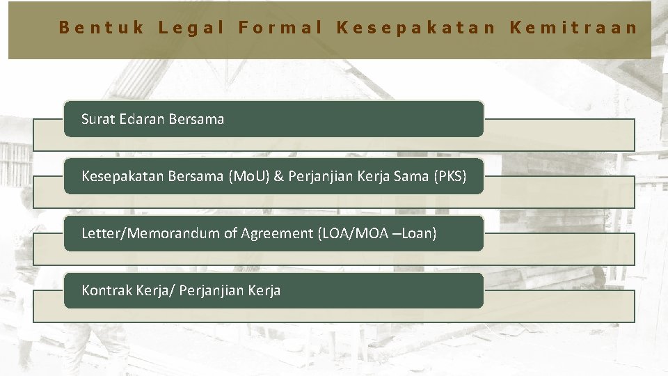 Kebijakan Penyelenggaraan Rumah Swadaya Bentuk Legal Formal Kesepakatan Kemitraan Surat Edaran Bersama Kesepakatan Bersama