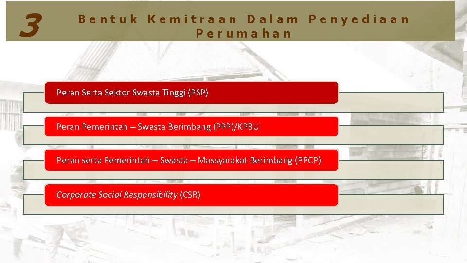 3 Kebijakan Penyelenggaraan Rumah Swadaya Bentuk Kemitraan Dalam Penyediaan Perumahan Peran Serta Sektor Swasta