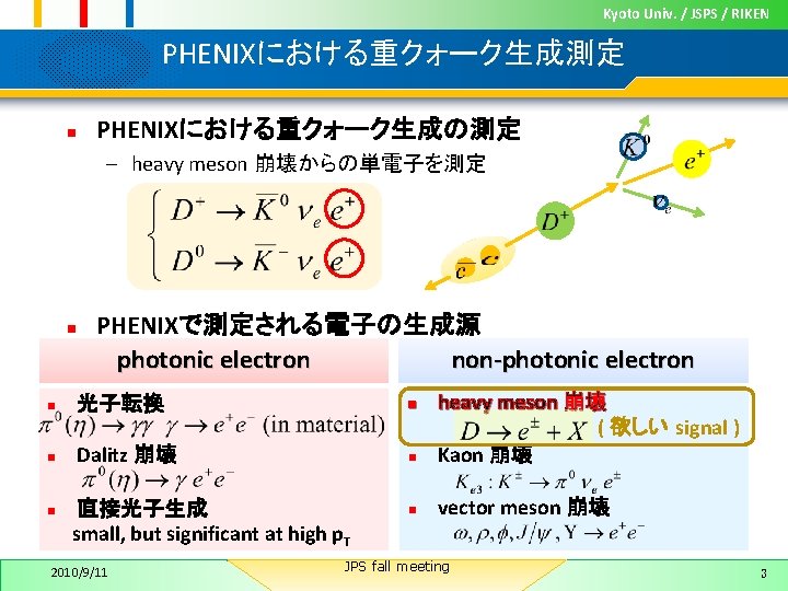 Kyoto Univ. / JSPS / RIKEN PHENIXにおける重クォーク生成測定 n PHENIXにおける重クォーク生成の測定 – heavy meson 崩壊からの単電子を測定 n