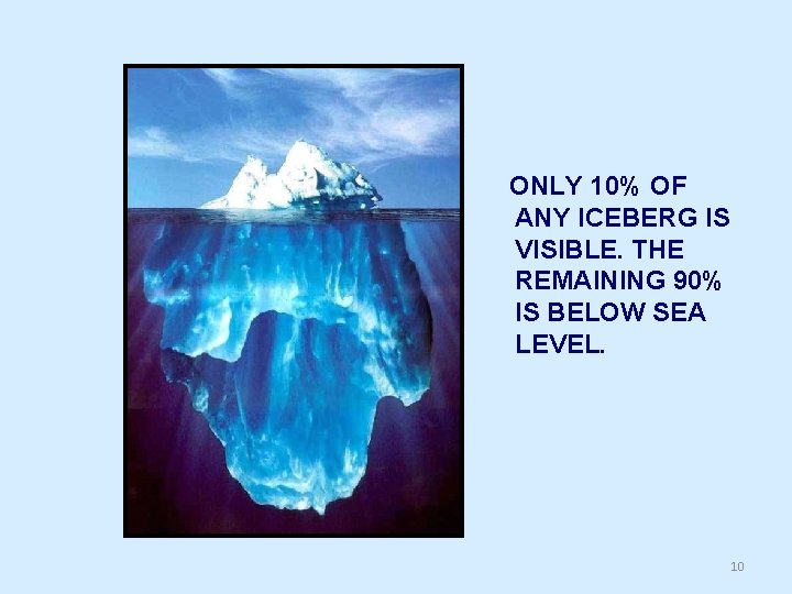 ONLY 10% OF ANY ICEBERG IS VISIBLE. THE REMAINING 90% IS BELOW SEA LEVEL.