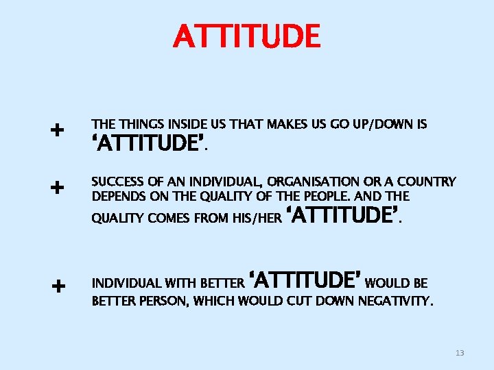 ATTITUDE + THE THINGS INSIDE US THAT MAKES US GO UP/DOWN IS + SUCCESS