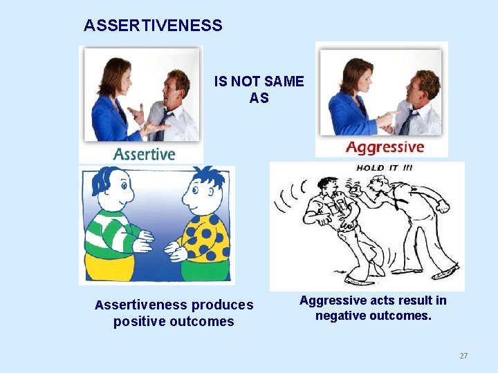 ASSERTIVENESS IS NOT SAME AS Assertiveness produces positive outcomes Aggressive acts result in negative