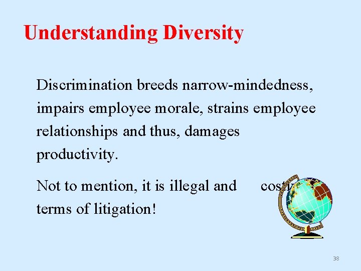 Understanding Diversity Discrimination breeds narrow-mindedness, impairs employee morale, strains employee relationships and thus, damages