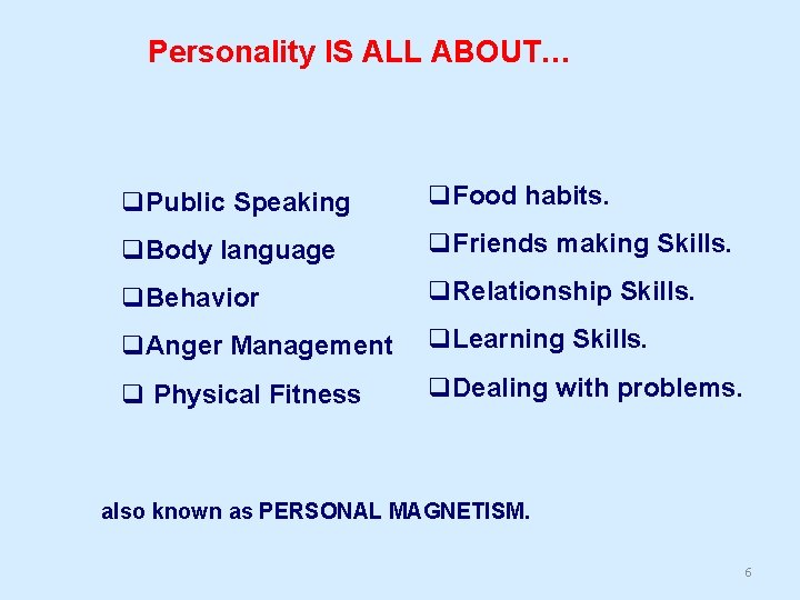 Personality IS ALL ABOUT… q. Public Speaking q. Food habits. q. Body language q.