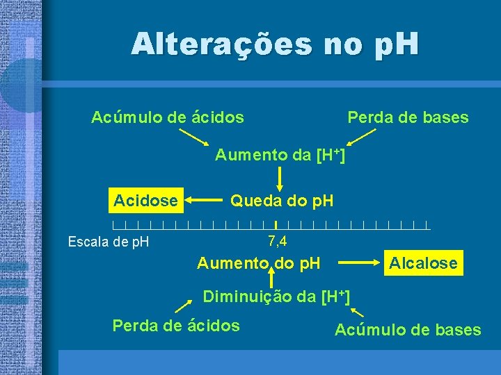 Alterações no p. H Acúmulo de ácidos Perda de bases Aumento da [H+] Acidose