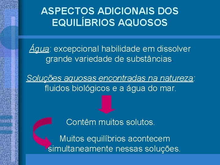 ASPECTOS ADICIONAIS DOS EQUILÍBRIOS AQUOSOS Água: excepcional habilidade em dissolver grande variedade de substâncias.