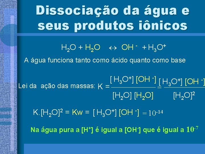 Dissociação da água e seus produtos iônicos H 2 O + H 2 O