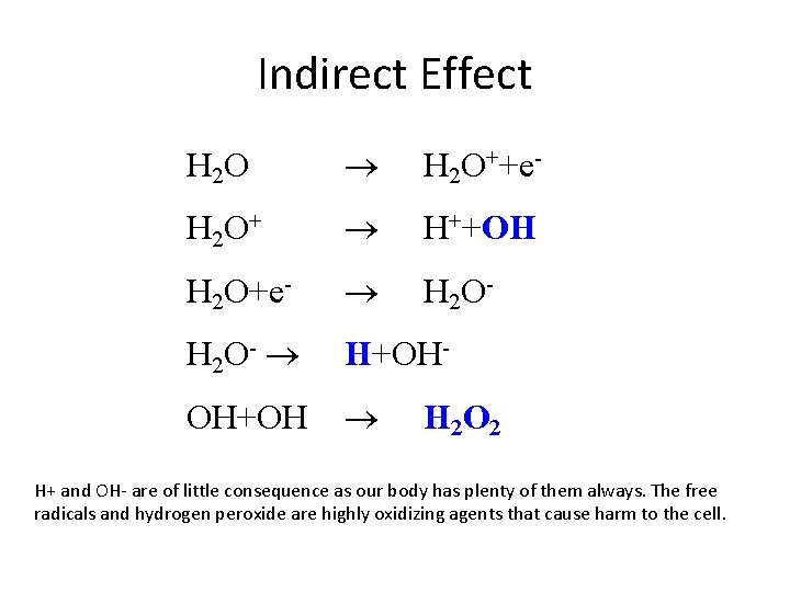 Indirect Effect H 2 O++e- H 2 O+ H++OH H 2 O+e- H 2 Indirect Effect H 2 O++e- H 2 O+ H++OH H 2 O+e- H 2