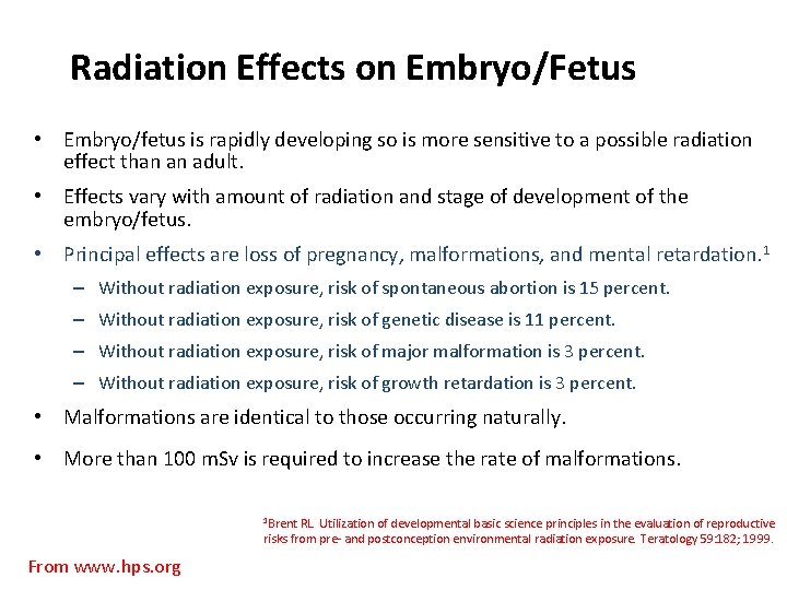 Radiation Effects on Embryo/Fetus • Embryo/fetus is rapidly developing so is more sensitive to Radiation Effects on Embryo/Fetus • Embryo/fetus is rapidly developing so is more sensitive to