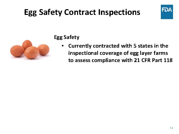 Egg Safety Contract Inspections Egg Safety • Currently contracted with 5 states in the