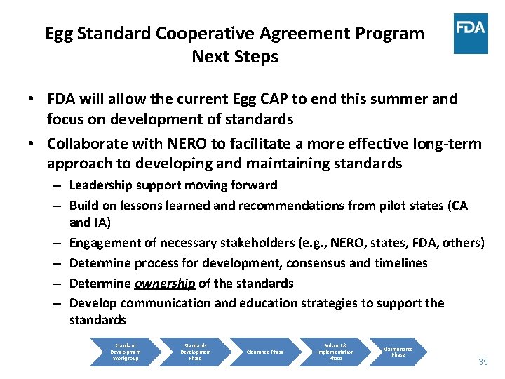 Egg Standard Cooperative Agreement Program Next Steps • FDA will allow the current Egg