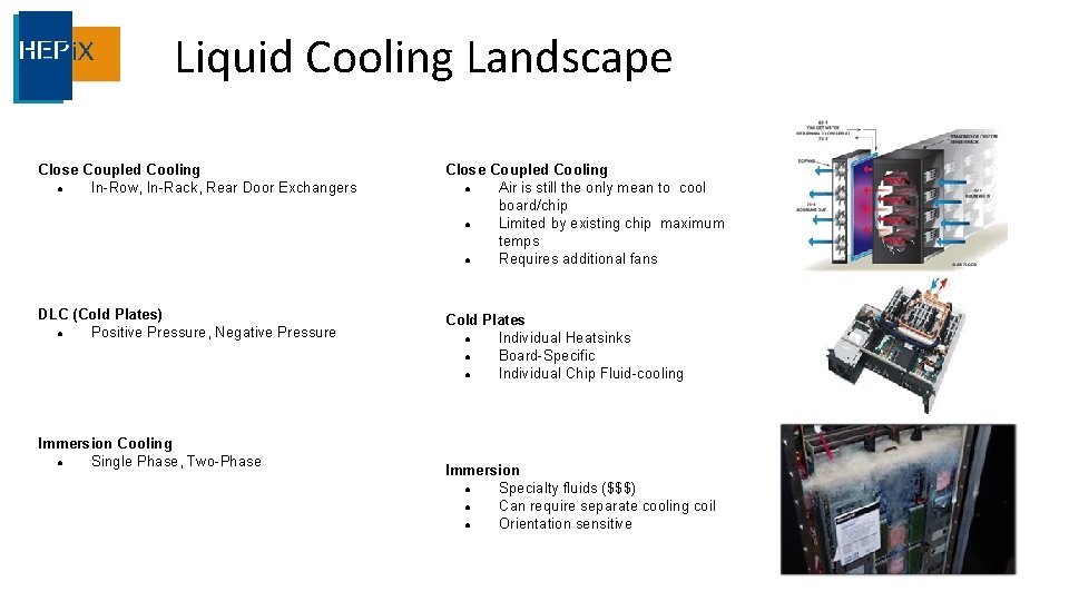 Liquid Cooling Landscape Close Coupled Cooling ● In-Row, In-Rack, Rear Door Exchangers Close Coupled