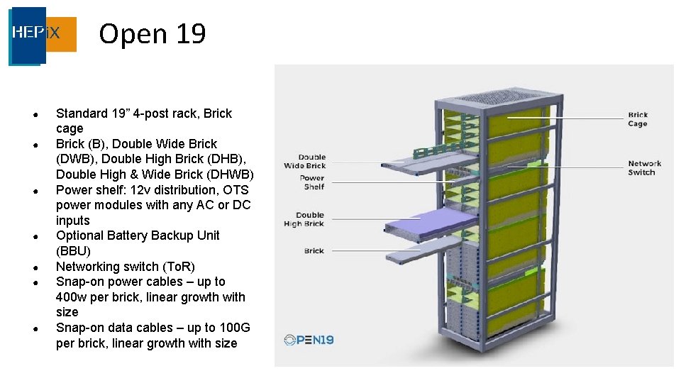 Open 19 ● ● ● ● Standard 19” 4 -post rack, Brick cage Brick