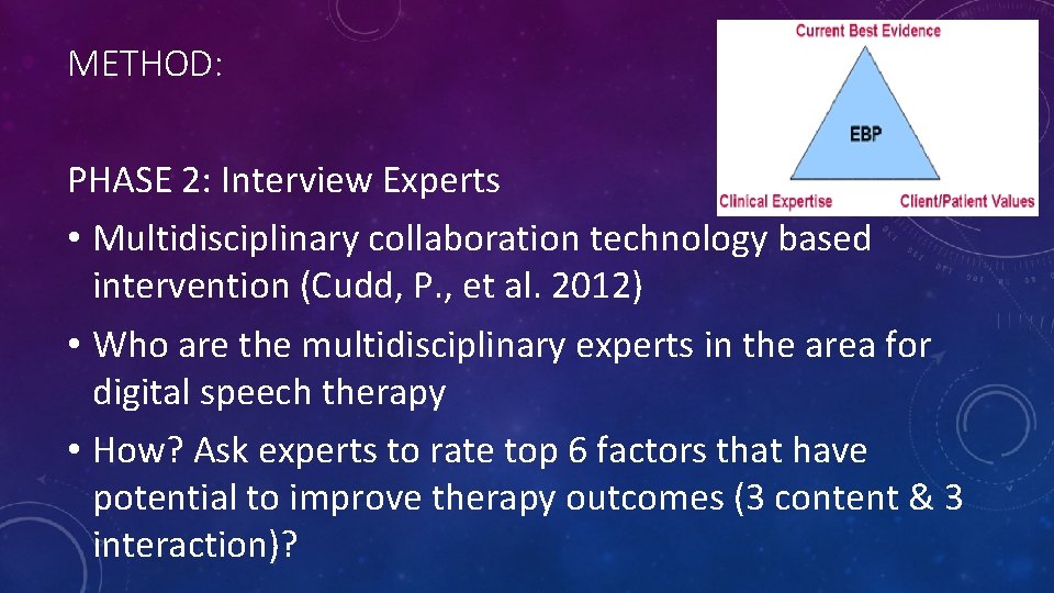 METHOD: PHASE 2: Interview Experts • Multidisciplinary collaboration technology based intervention (Cudd, P. ,
