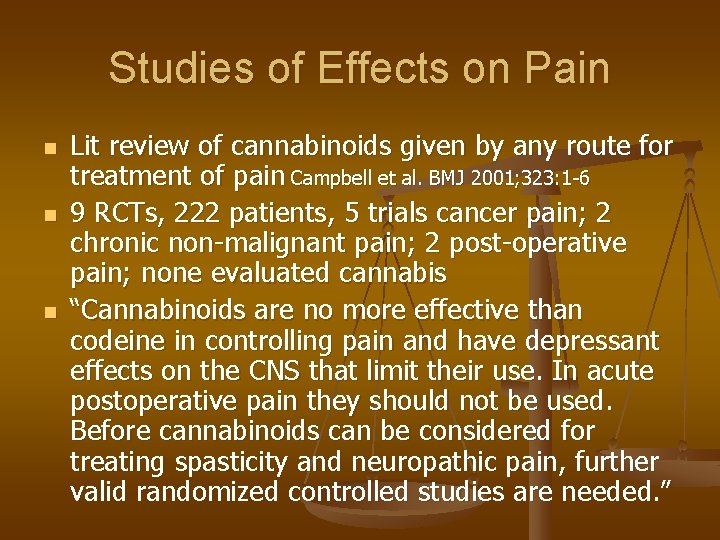 Studies of Effects on Pain n Lit review of cannabinoids given by any route