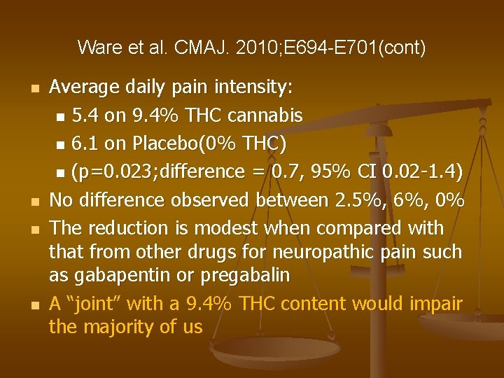 Ware et al. CMAJ. 2010; E 694 -E 701(cont) n n Average daily pain