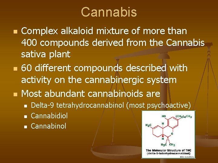 Cannabis n n n Complex alkaloid mixture of more than 400 compounds derived from