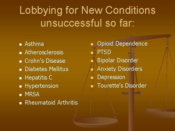 Lobbying for New Conditions unsuccessful so far: n n n n Asthma Atherosclerosis Crohn’s