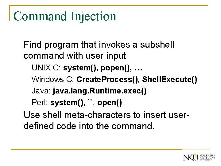 Command Injection Find program that invokes a subshell command with user input UNIX C: