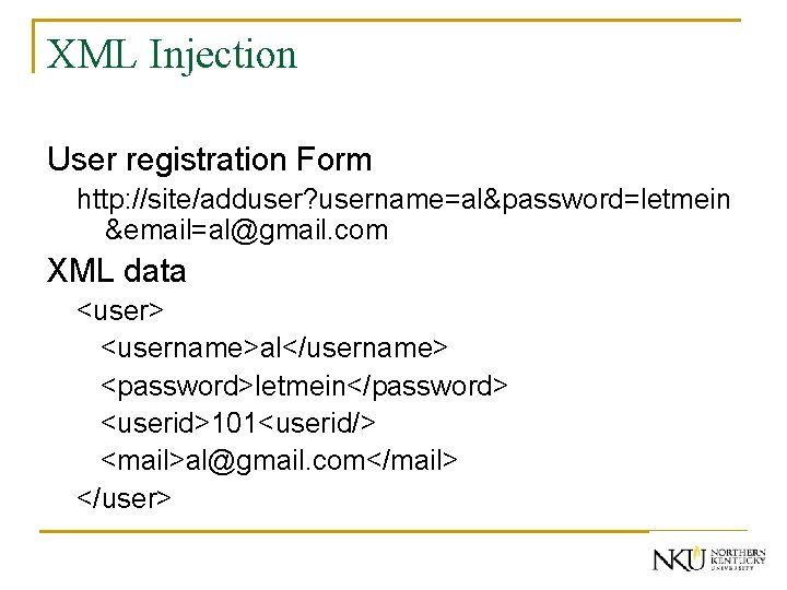 XML Injection User registration Form http: //site/adduser? username=al&password=letmein &email=al@gmail. com XML data <user> <username>al</username>