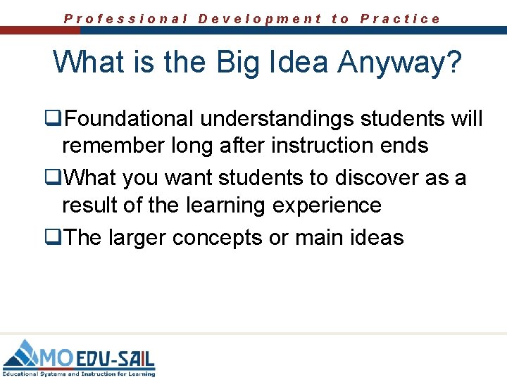 Professional Development to Practice What is the Big Idea Anyway? q. Foundational understandings students