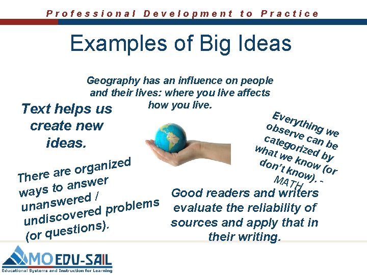 Professional Development to Practice Examples of Big Ideas Geography has an influence on people