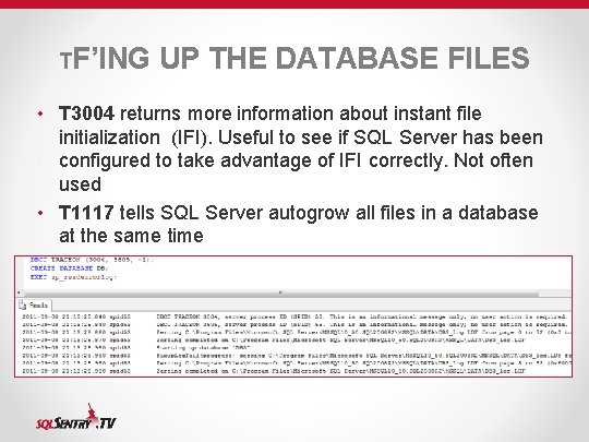 TF’ING UP THE DATABASE FILES • T 3004 returns more information about instant file