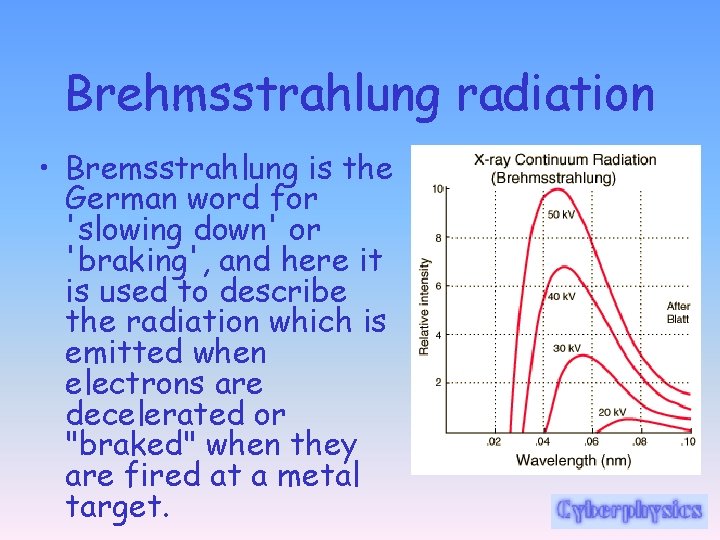 Brehmsstrahlung radiation • Bremsstrahlung is the German word for 'slowing down' or 'braking', and