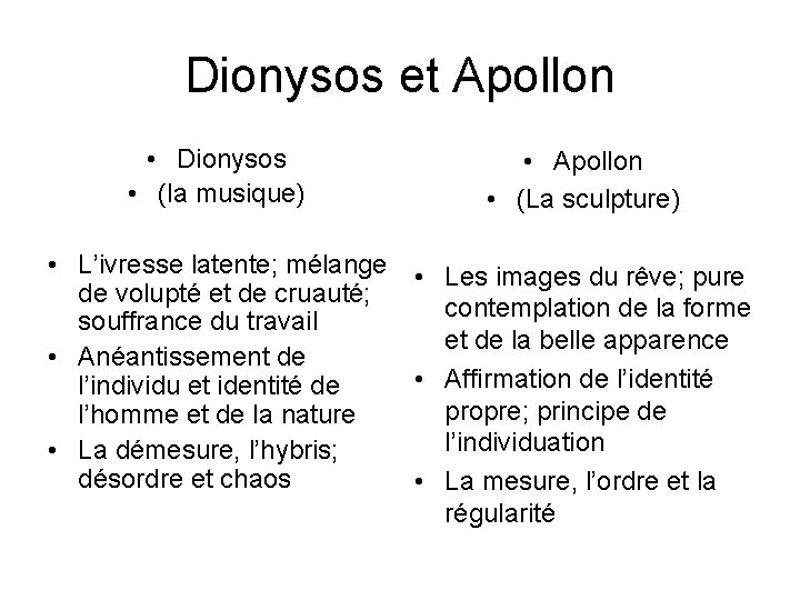 Dionysos et Apollon • Dionysos • (la musique) • L’ivresse latente; mélange • de