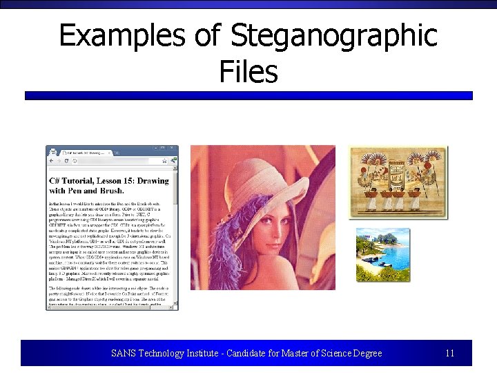 Examples of Steganographic Files SANS Technology Institute - Candidate for Master of Science Degree
