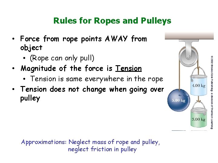Rules for Ropes and Pulleys • Force from rope points AWAY from object •