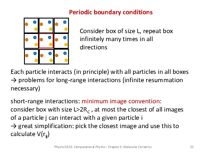 Periodic boundary conditions Consider box of size L, repeat box infinitely many times in