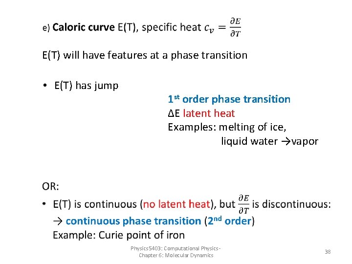  E(T) will have features at a phase transition • E(T) has jump 1