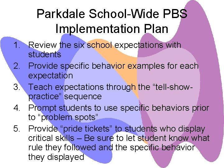 Parkdale School-Wide PBS Implementation Plan 1. Review the six school expectations with students 2.