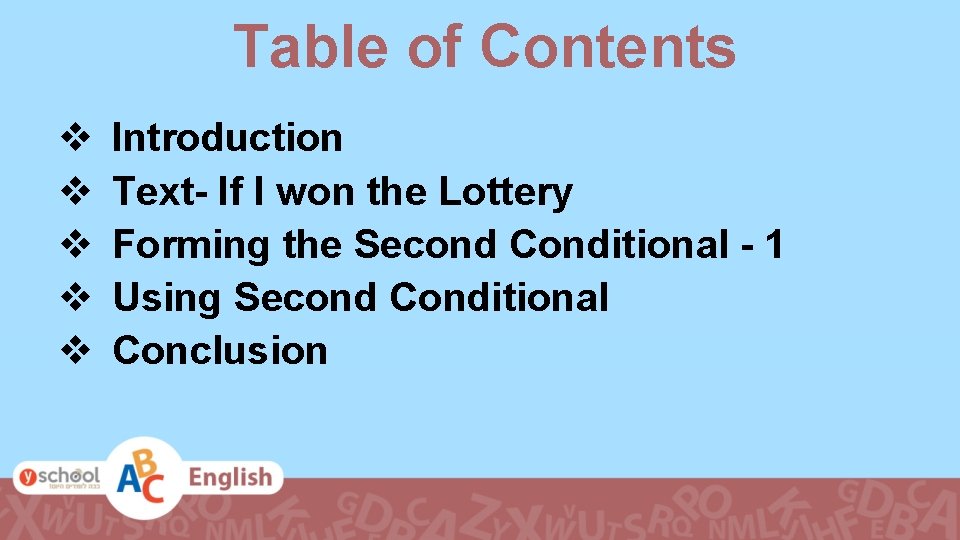 Table of Contents v v v Introduction Text- If I won the Lottery Forming