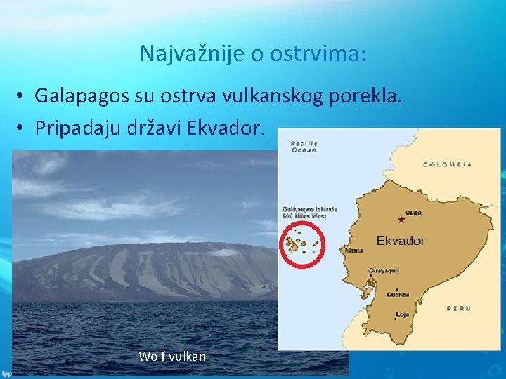 Najvažnije o ostrvima: • Galapagos su ostrva vulkanskog porekla. • Pripadaju državi Ekvador. Wolf