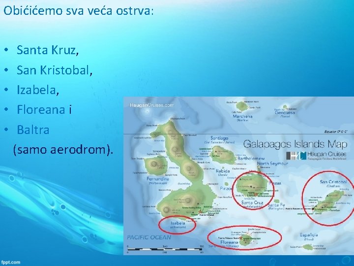 Obićićemo sva veća ostrva: • Santa Kruz, • San Kristobal, • Izabela, • Floreana