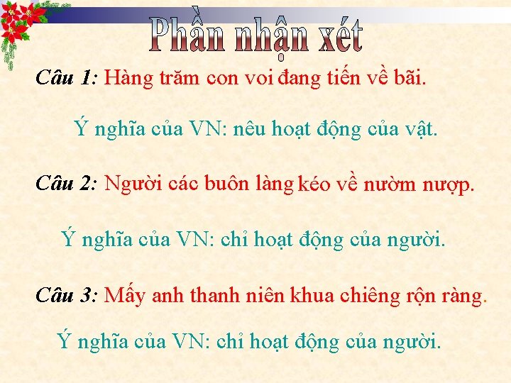 Câu 1: Hàng trăm con voi đang tiến về bãi. Ý nghĩa của VN: